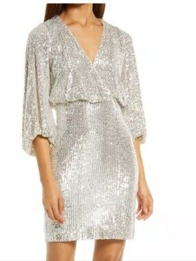 NWT Eliza J Sequin Cocktail Dress Silver Blouson Size 6 Party Wedding Guest Glam